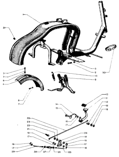 frame, rear mudguard, rear brake lever