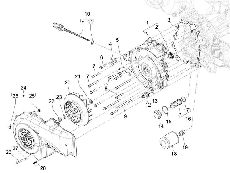 Coperchio del volano e filtro dell'olio