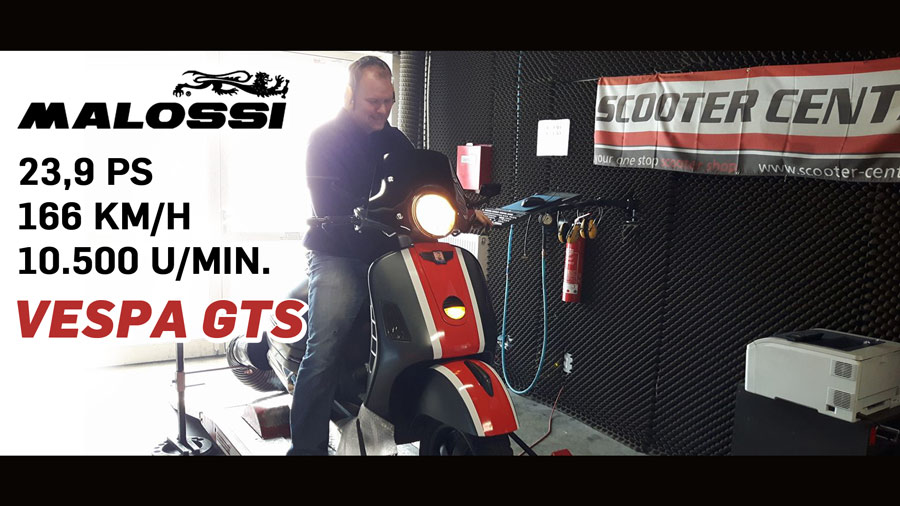 Vespa GTS with Malossi tuning on test bench