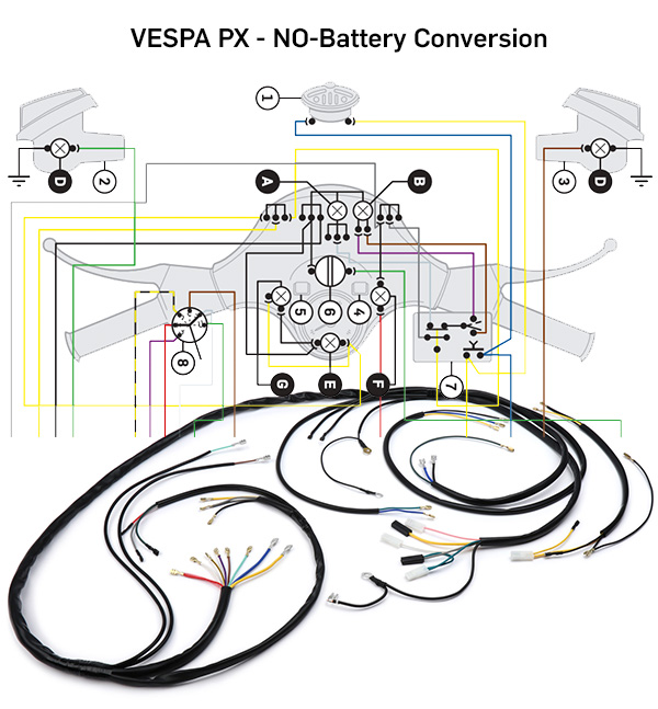Convertir batería Vespa PX a sistema eléctrico sin batería - Conversión mazo de cables bgm Vespa PX
